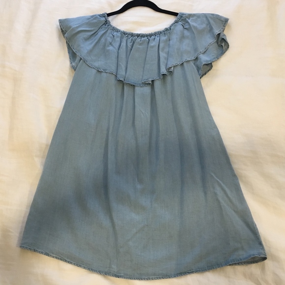Zara Ruffled Off-the-shoulder Chambray Mini Dress - Picture 3 of 8